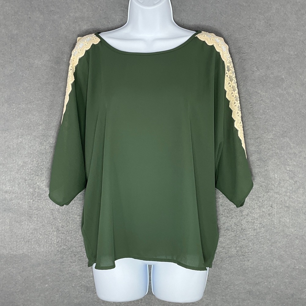 Umgee Olive Green Blouse Womens Sz L Lace Sleeve Dolman Relaxed Flowy Top Boho